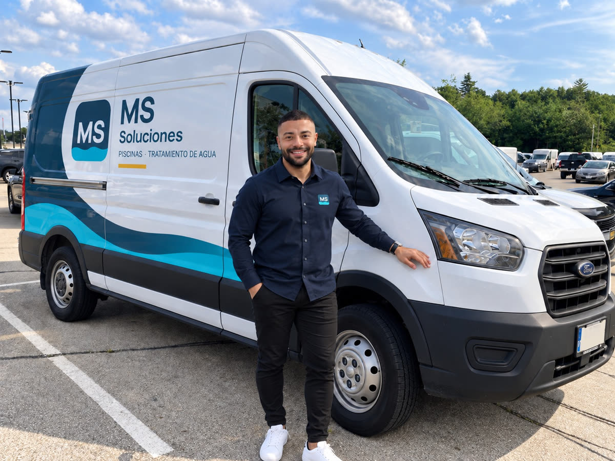 Jonatas Sampaio junto al vehículo de trabajo de MS Soluciones
