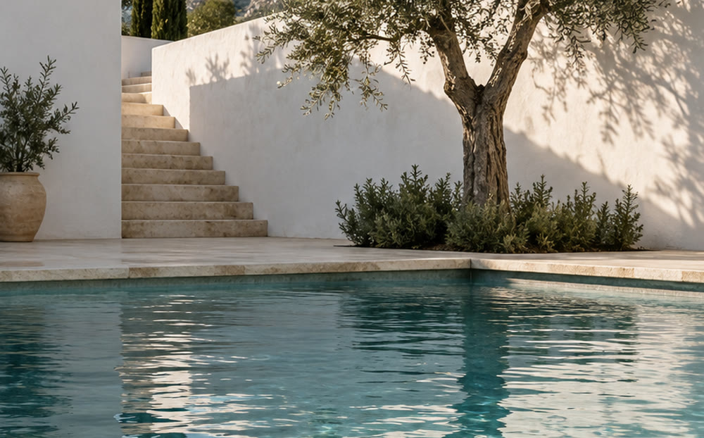 Agua de una piscina de chalet tratada al amanecer